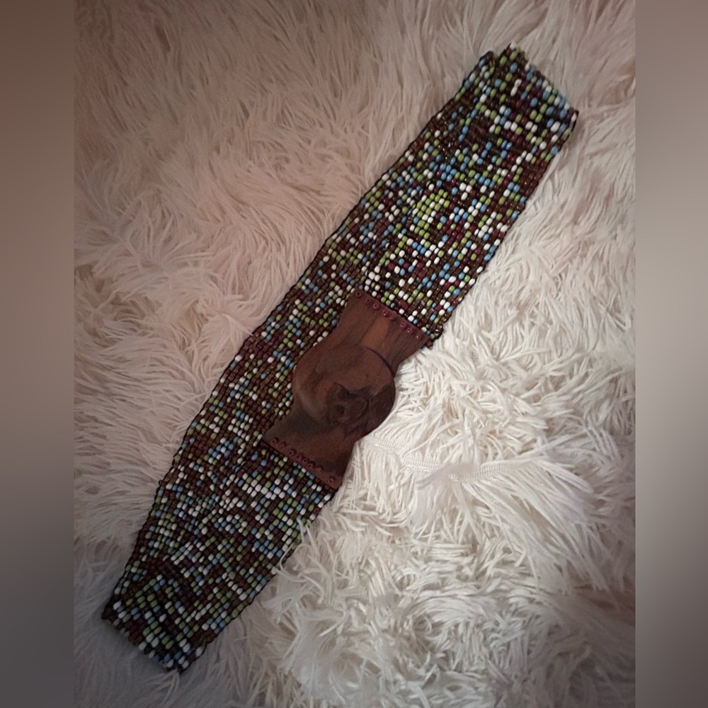 Vintage Bohemian Handmade Beaded Stretch Belt with Wooden Buckle